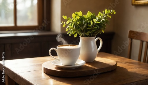 A steaming cup of coffee sits on a wooden table next to a vibrant green potted plant, illuminated by soft morning light. The cozy setting is perfect for a peaceful start to the day.