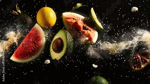 Fruits flying in the air on a black background  with watermelon and coconut alongside avocado  pomegranate and lemon floating. A space concept 
