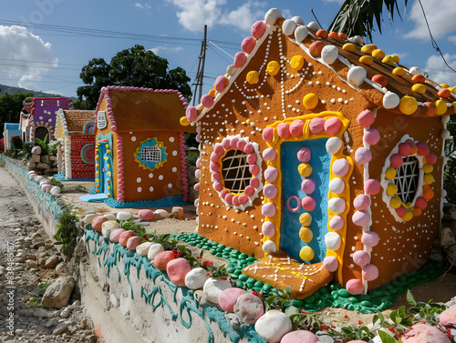 Colorful gingerbread houses in Port-au-Prince, Haiti, showcasing unique architectural style and vibrant paint colors. photo