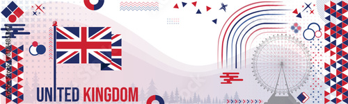 United Kingdom flag design with British flag colors theme background. Great Britain geometric abstract retro modern blue red white design.UK flag banner  london eye vector Illustration. 