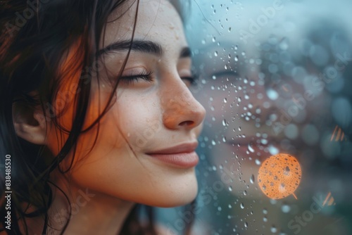 Female staring out window with rain on face
