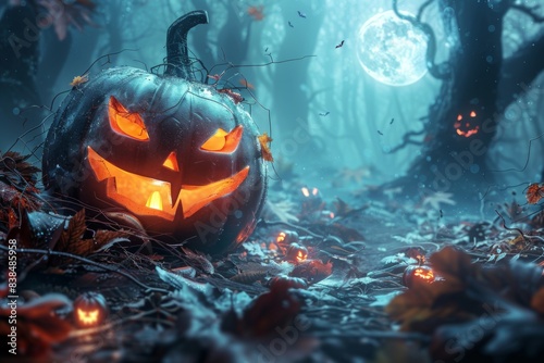 Jack-o'-lantern eyes glowing in forest photo