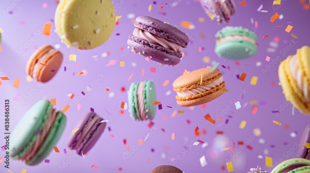 Colorful macarons flying through the air with confetti on a purple background Colorful macarons flying through the air with confetti on a purple background