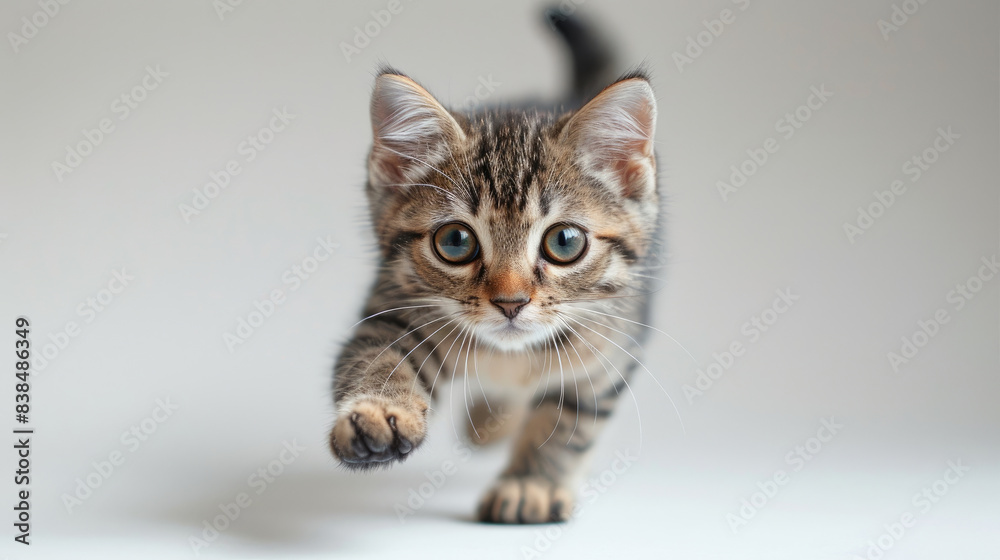 A dynamic full body cat with two legs jumping in a funny pose isolated on a simple white background A dynamic full body cat with two legs jumping in a funny pose isolated on a simple white background