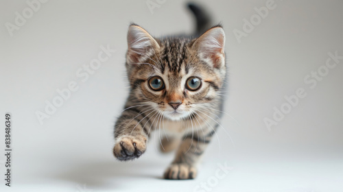 A dynamic full body cat with two legs jumping in a funny pose isolated on a simple white background