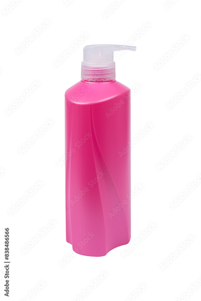 Plastic bottles for containing shower cream, shampoo, hair conditioner, and body cleanser isolated on white background.