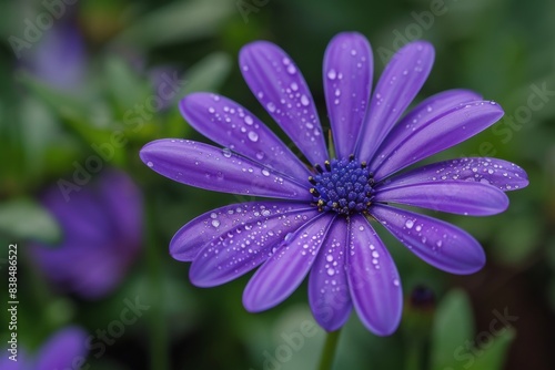 Dewy purple bloom in garden
