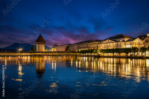 Kapellbrucke (Chapel Bridge) at night, Lucerne, Switzerland