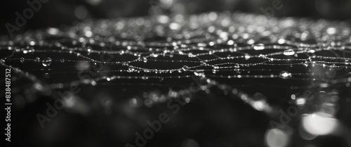 Spider web with water drops close up Nature concept background Selective focus Black and white. photo