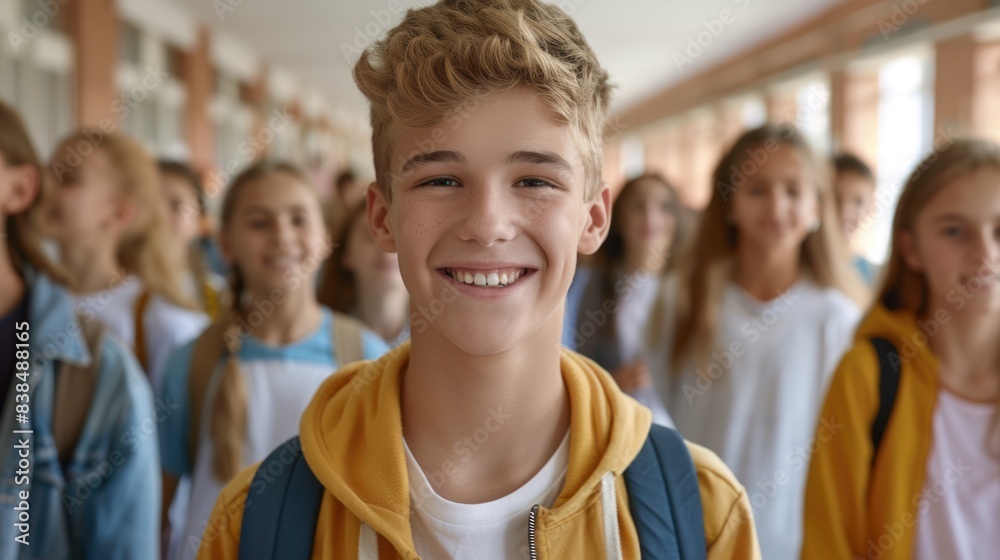Young man student with blond hair smiling at the camera. Against the backdrop of a school corridor full of students. Young man student with blond hair smiling at the camera. Against the backdrop of a school corridor full of students.
