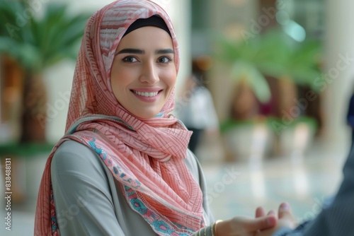 Woman in hijab smiling talking suit man © Sandu