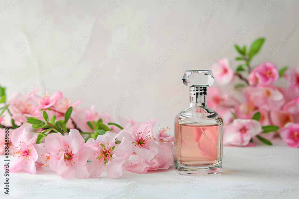 perfume bottle with pink flowers on white background perfume bottle with pink flowers on white background