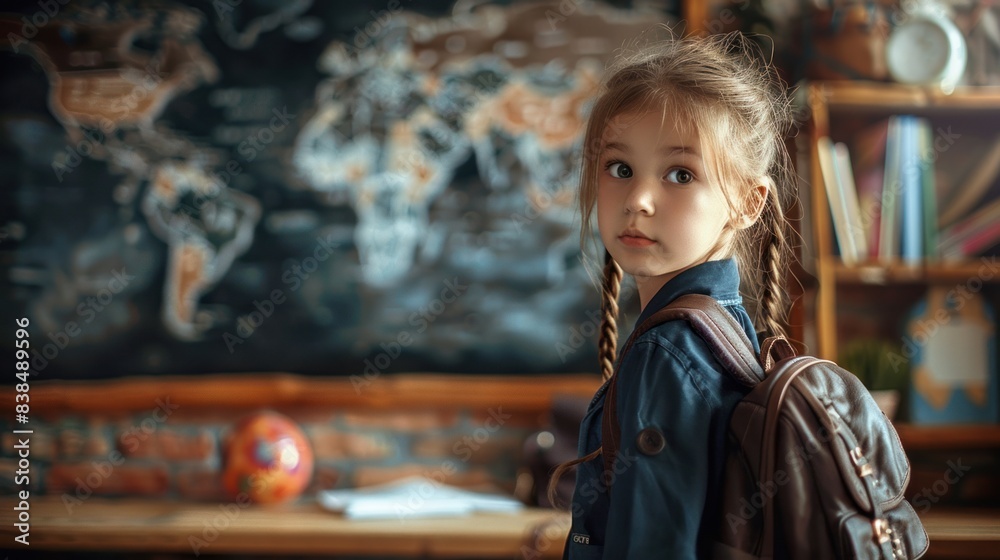 Schoolgirl with braided hair at a blackboard, dedicated to studying, within a dynamic classroom setting.