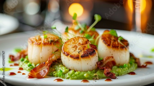 Scallops paired with vibrant pea puree and crispy pancetta, elegantly presented on a gourmet table under soft lighting. Perfect fine dining experience captured.