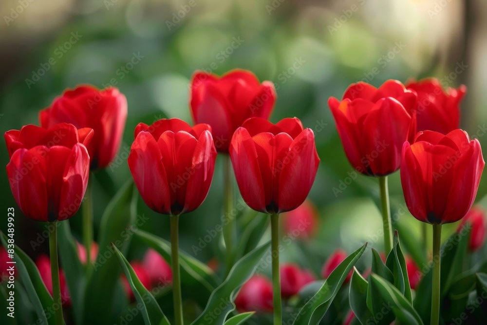 Numerous red tulips amid verdant foliage Numerous red tulips amid verdant foliage