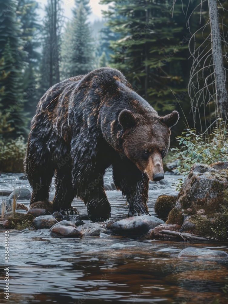 ours brun marchant au bord d'une rivière en lisière de forêt hyper realistic ours brun marchant au bord d'une rivière en lisière de forêt hyper realistic