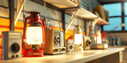 The Eerie Calm Before the Storm: A pristine desk, lined with emergency lanterns, and an old wind-up radio, waiting silently for the next digital disaster. 