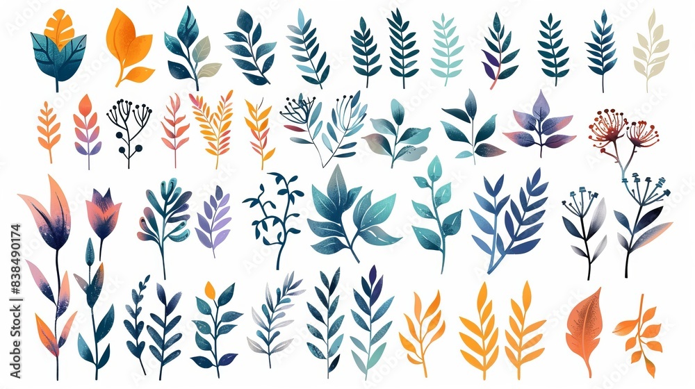 Obraz premium A vector illustration featuring a set of handmade plant leaf shapes in organic colors. These symbols are intricately designed and arranged on a white background, offering a versatile