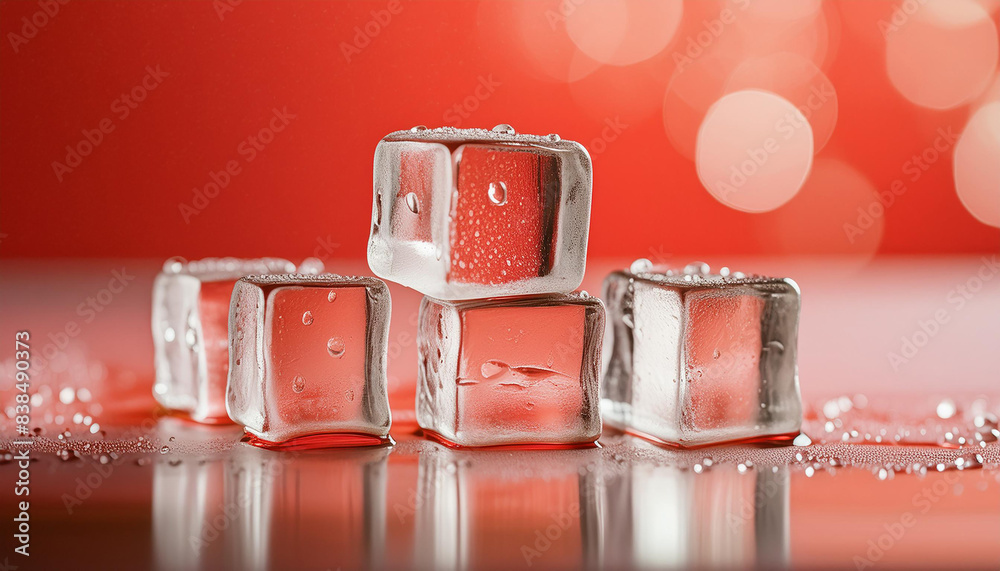 Ice cubes on red background. Frozen water. Close-up. Ice cubes on red background. Frozen water. Close-up.