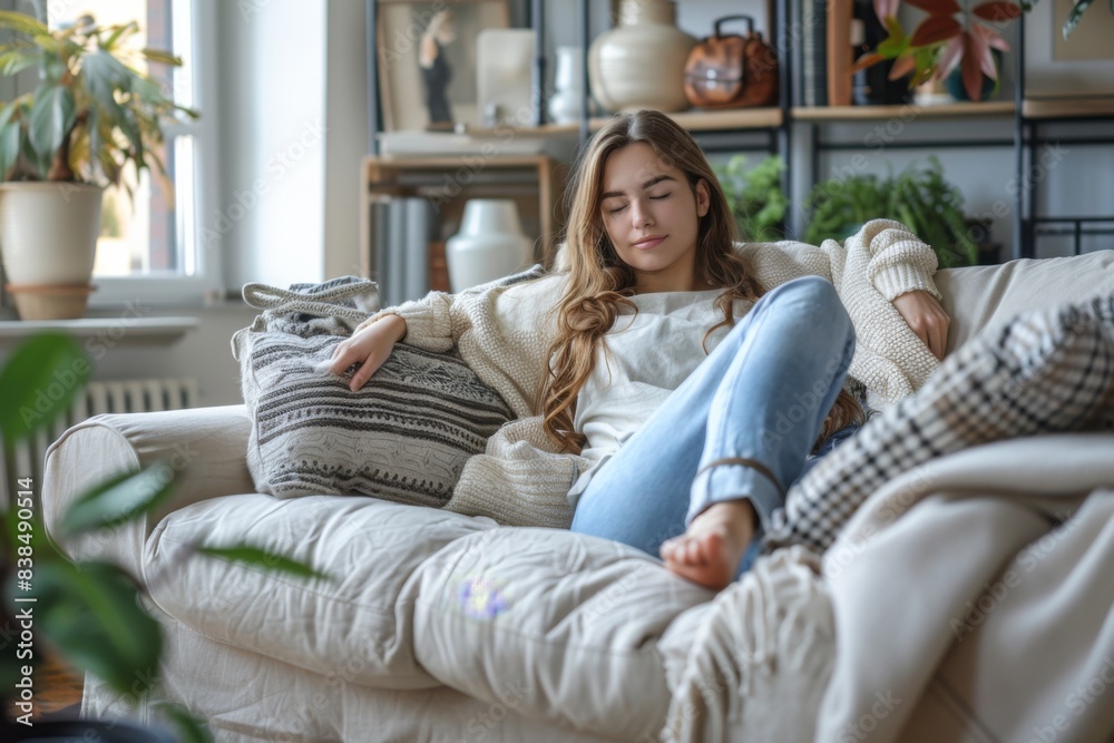 Woman sitting legs crossed, eyes closed Woman sitting legs crossed, eyes closed