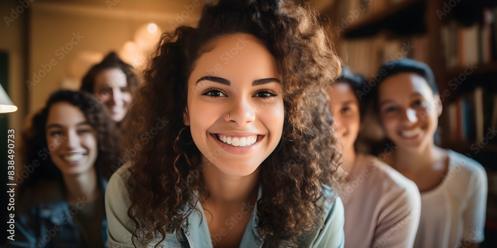 Obraz premium Cheerful young multiracial woman in study room with diverse group. Concept Photography, Diversity, Education, Positive Vibes, Multiculturalism