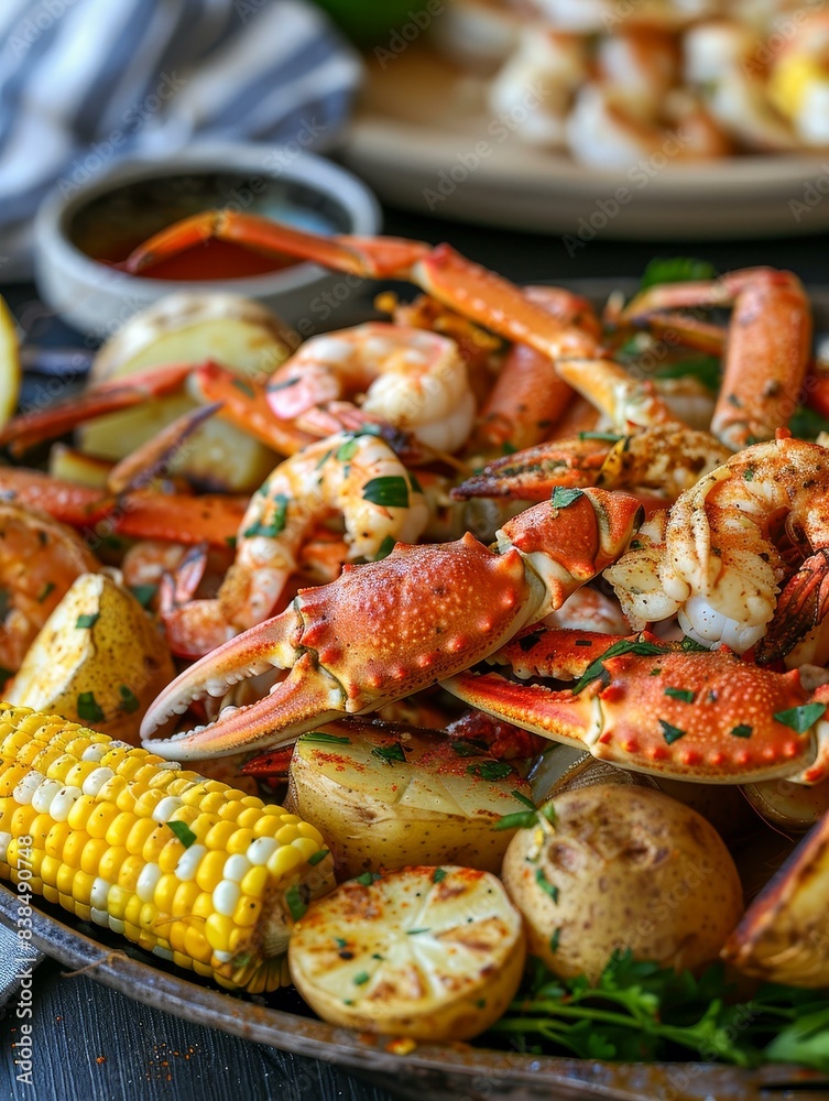 Delectable seafood boil featuring crab legs, shrimp, corn, and potatoes seasoned with spicy Cajun spices, set in a relaxed outdoor dining scene. Delectable seafood boil featuring crab legs, shrimp, corn, and potatoes seasoned with spicy Cajun spices, set in a relaxed outdoor dining scene.