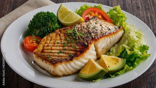 Grilled fish steak with vegetables, Avocado, Barbecue - Meal, Cod, Fillet, Fish, Food, Gourmet, Grilled, Haddock, Hake, Halibut, Horizontal, Lettuce, Meal, No People, Photography,Sauce, Seafood,Serbia