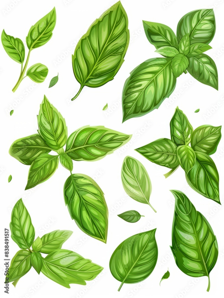Set of highly detailed fresh green basil leaves grown in a herb garden, isolated on white background hyper realistic Set of highly detailed fresh green basil leaves grown in a herb garden, isolated on white background hyper realistic