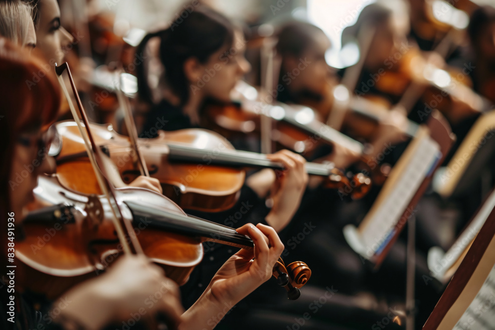 Fototapeta premium Close up of people playing classic music on violin in theater