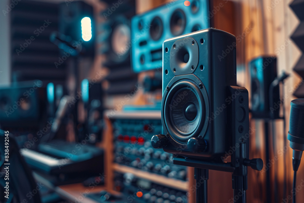 Modern sound recording studio with speakers and microphone with copy space for text Modern sound recording studio with speakers and microphone with copy space for text