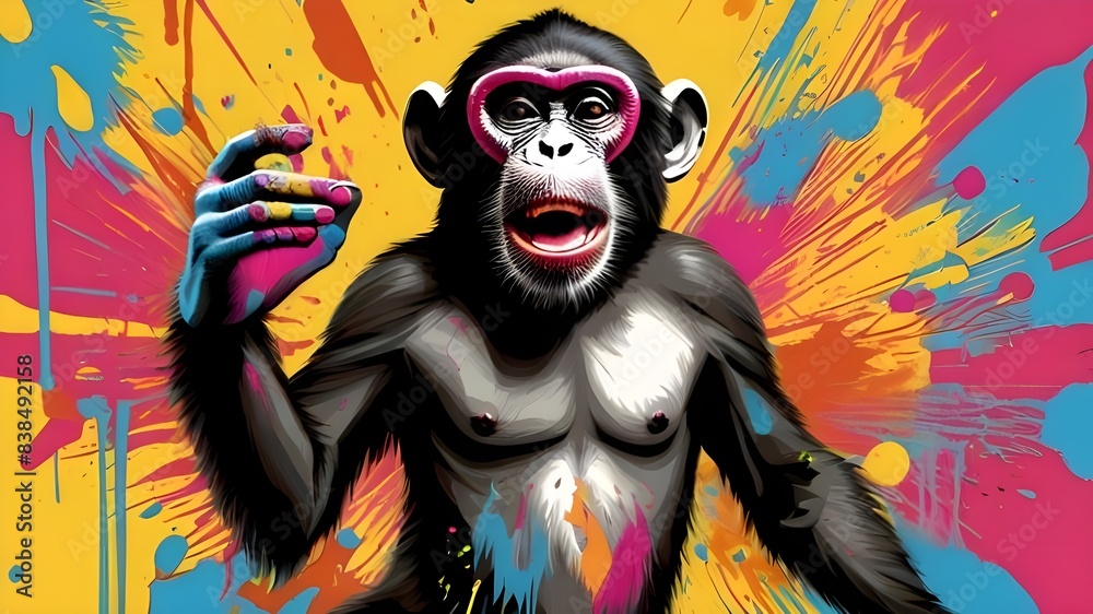 A pop art illustration of a monkey splattering paint on a canvas, its self-portrait emerging in a burst of vibrant colors and bold outlines A pop art illustration of a monkey splattering paint on a canvas, its self-portrait emerging in a burst of vibrant colors and bold outlines