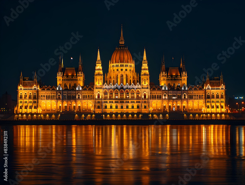 Majestic Hungarian Parliament Building shines in the dark night, reflecting in the tranquil water.