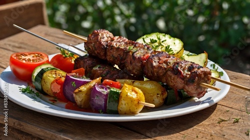 Close-up view of colorful grilled kebabs featuring marinated beef and a variety of fresh vegetables.
