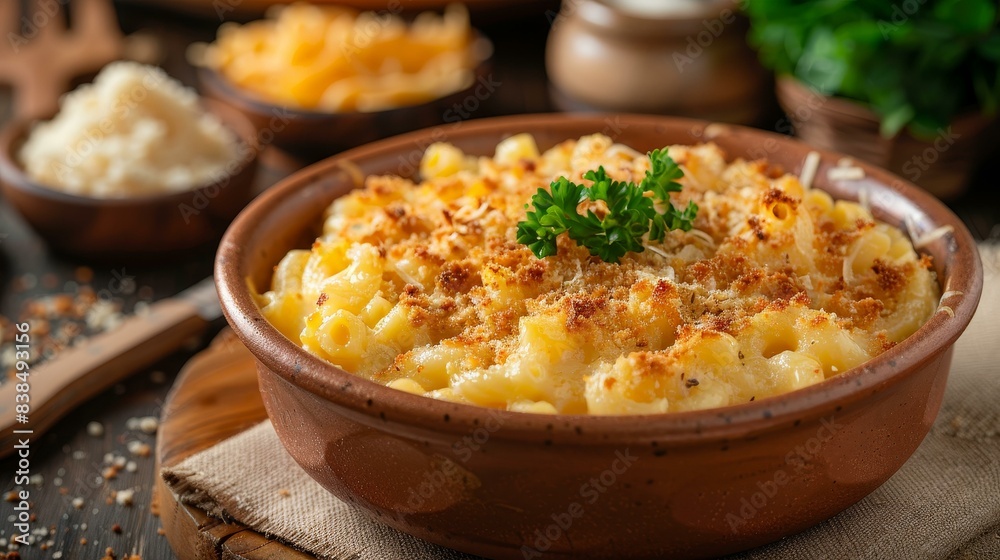 Indulge in a comforting bowl of macaroni and cheese, topped with golden breadcrumbs, on a rustic kitchen table surrounded by fresh ingredients and kitchen utensils. Indulge in a comforting bowl of macaroni and cheese, topped with golden breadcrumbs, on a rustic kitchen table surrounded by fresh ingredients and kitchen utensils.