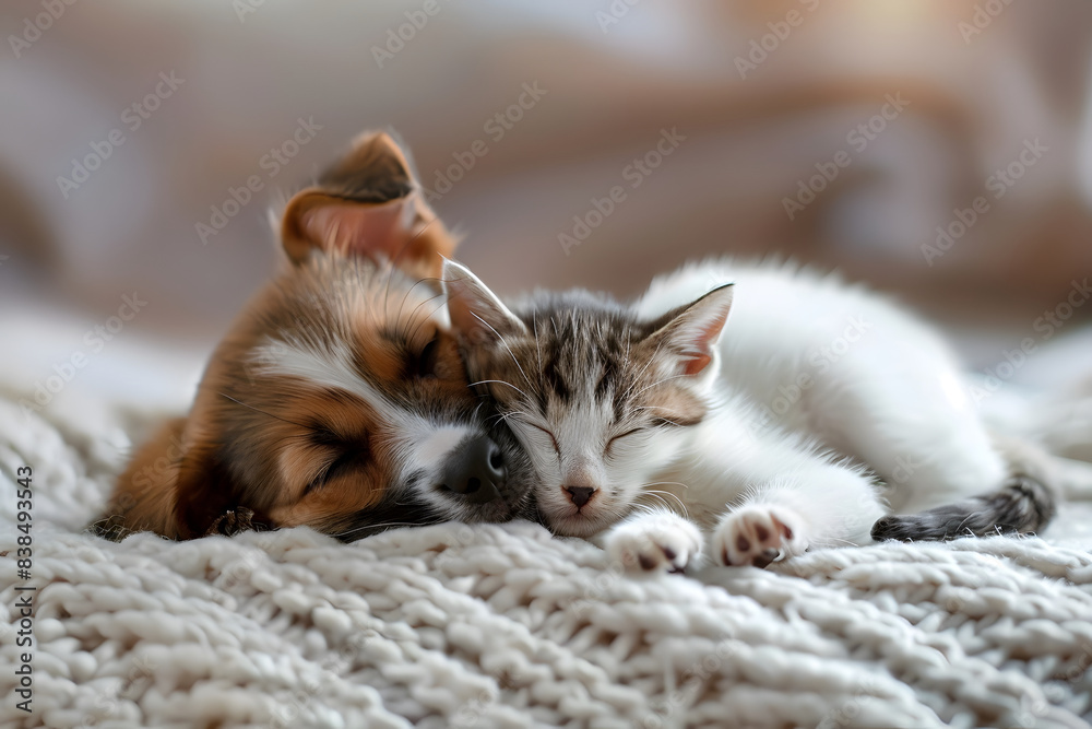Obraz premium Dog and cat cuddling together in bed