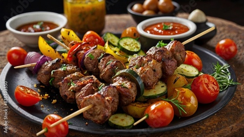 Close-up view of colorful grilled kebabs featuring marinated beef and a variety of fresh vegetables.