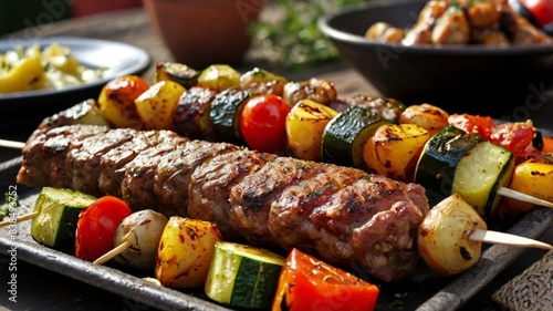 Close-up view of colorful grilled kebabs featuring marinated beef and a variety of fresh vegetables.