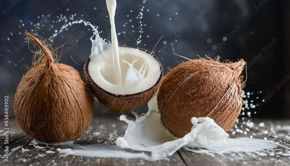 Levitating coconuts and milk splashes on dark background. Falling coconut. Organic and healthy. Levitating coconuts and milk splashes on dark background. Falling coconut. Organic and healthy.