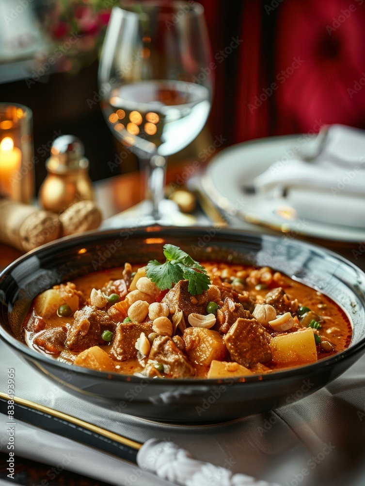 Indulge in a sumptuous Massaman Curry featuring beef, potatoes, and peanuts in a creamy sauce. Savor this opulent dish in a refined restaurant setting. Indulge in a sumptuous Massaman Curry featuring beef, potatoes, and peanuts in a creamy sauce. Savor this opulent dish in a refined restaurant setting.