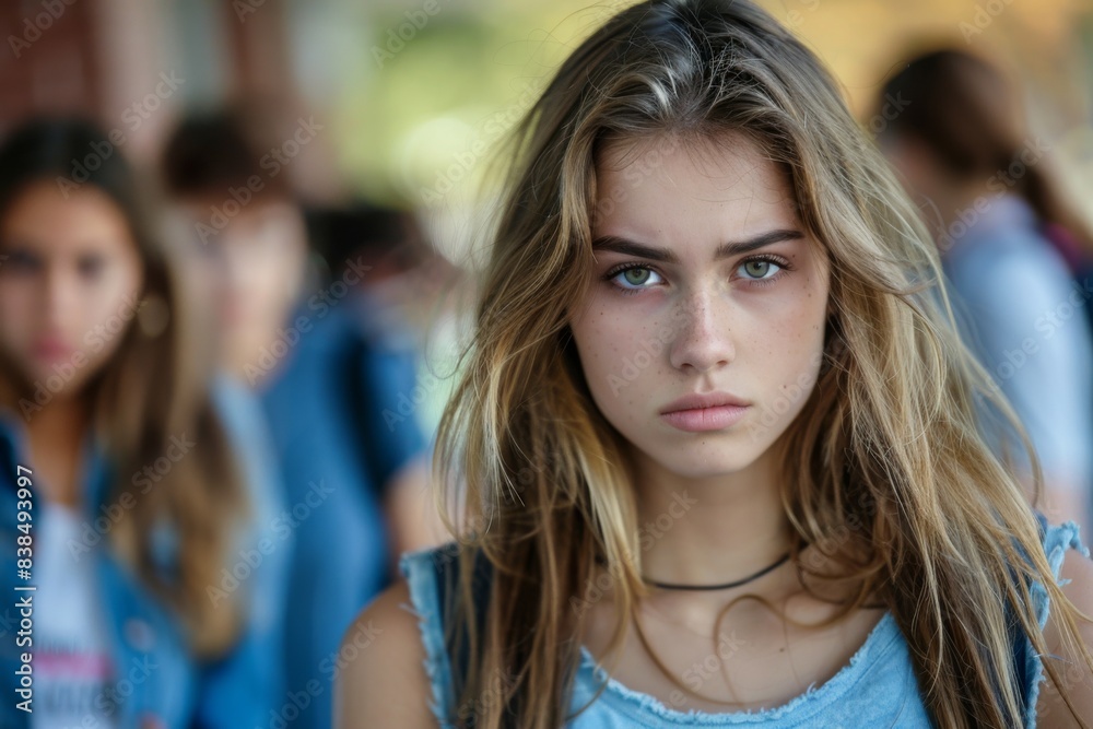 Obraz premium Long-haired girl in blue shirt looks at camera