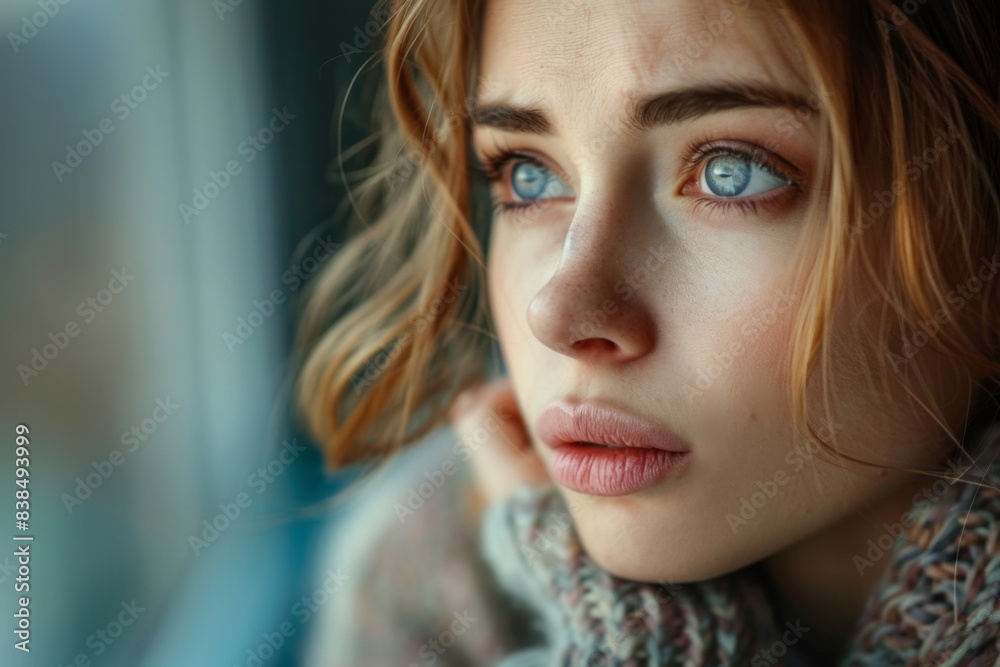 Blue-eyed woman gazing through window Blue-eyed woman gazing through window