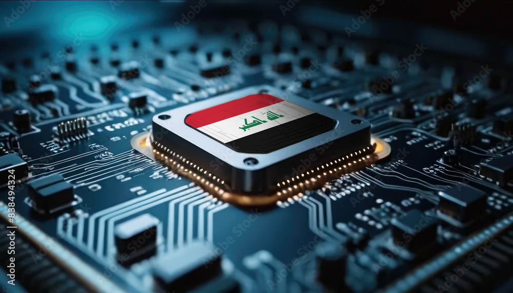 A close-up of a computer chip featuring the Iraq flag, highlighting Iraq advancements in technology