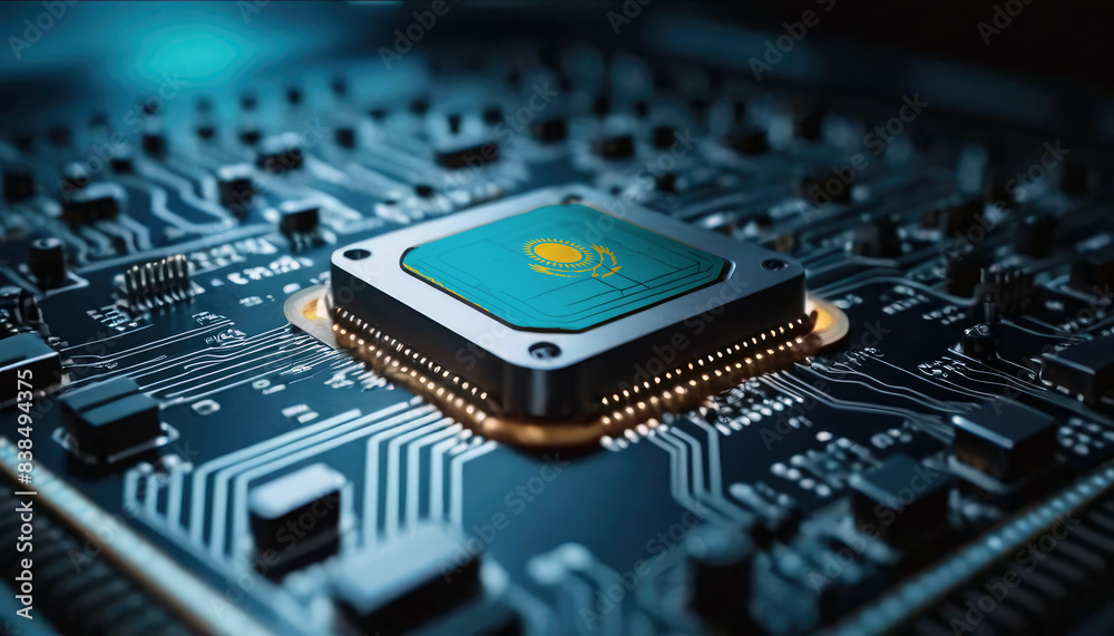 A close-up of a computer chip featuring the Kazakhstan flag, highlighting Kazakhstan advancements in technology A close-up of a computer chip featuring the Kazakhstan flag, highlighting Kazakhstan advancements in technology