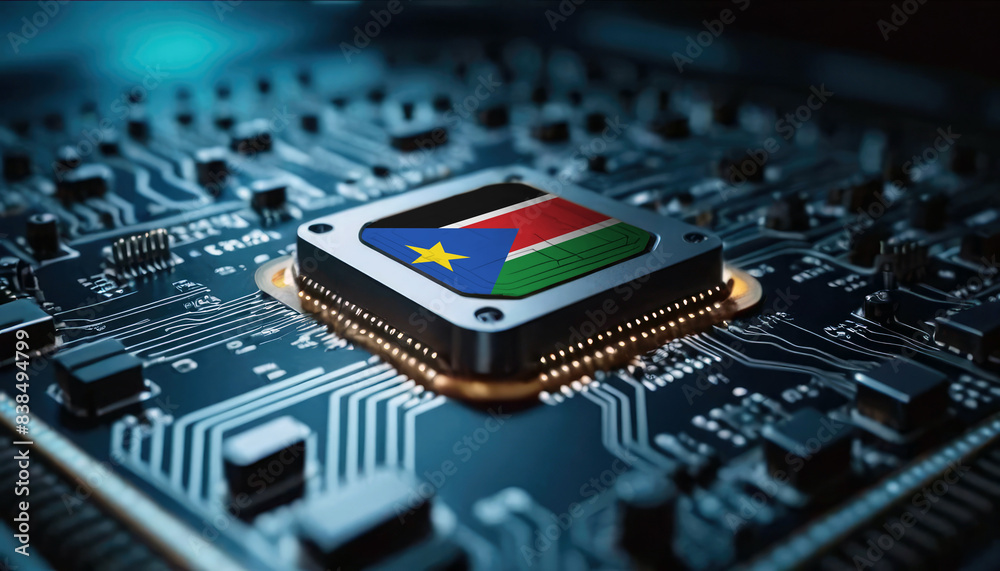 A close-up of a computer chip featuring the South Sudan flag, highlighting South Sudan advancements in technology A close-up of a computer chip featuring the South Sudan flag, highlighting South Sudan advancements in technology