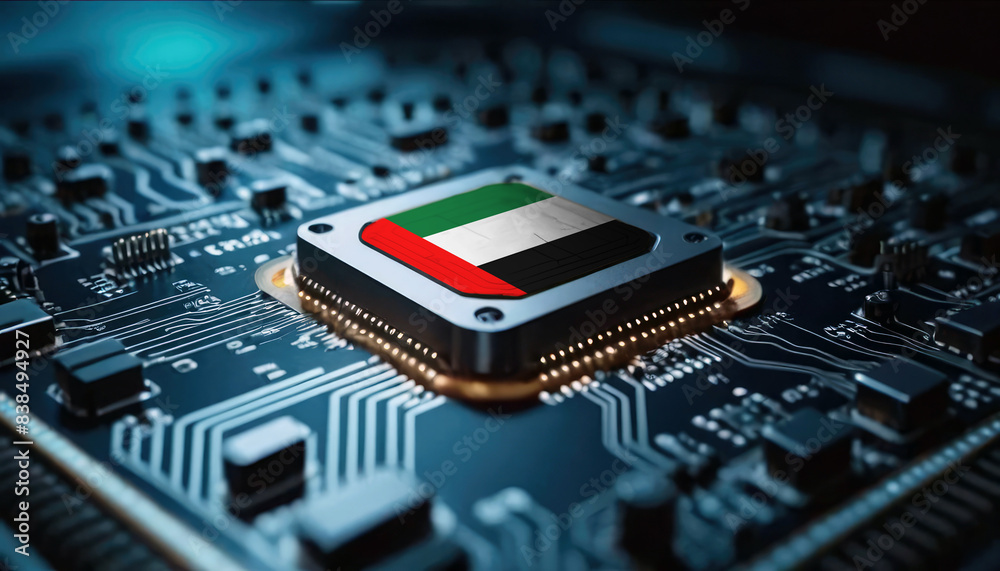 A close-up of a computer chip featuring the United Arab Emirates flag, highlighting United Arab Emirates advancements in technology A close-up of a computer chip featuring the United Arab Emirates flag, highlighting United Arab Emirates advancements in technology