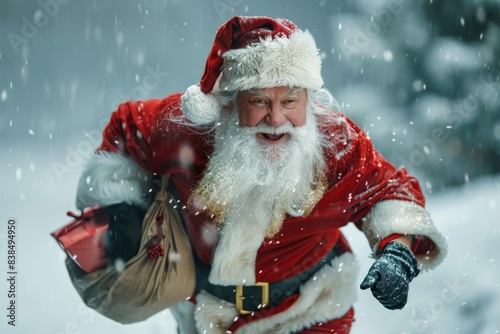 Santa carries gift sack snow