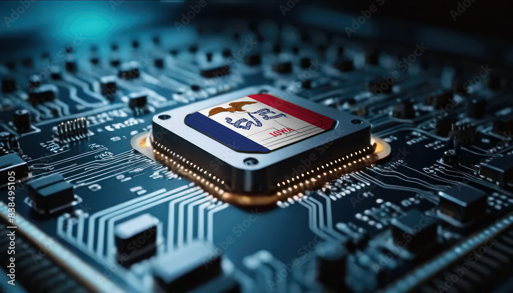 A close-up of a computer chip featuring the Iowa flag, highlighting Iowa advancements in technology A close-up of a computer chip featuring the Iowa flag, highlighting Iowa advancements in technology