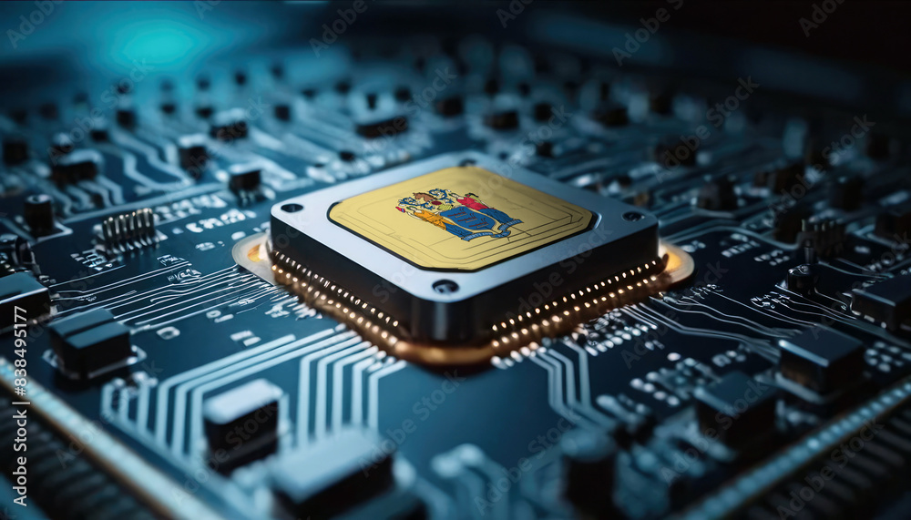 A close-up of a computer chip featuring the New Jersey flag, highlighting New Jersey advancements in technology A close-up of a computer chip featuring the New Jersey flag, highlighting New Jersey advancements in technology