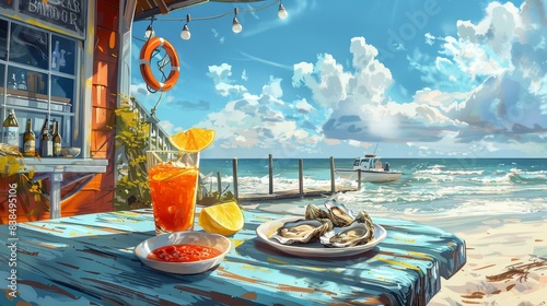 Discover the ultimate coastal indulgence at a charming beachside seafood shack. Enjoy fresh oysters served on ice with zesty lemon wedges and hot sauce. Perfect seaside dining experience.