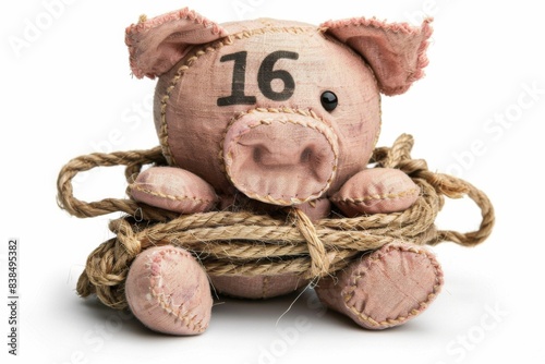 Obraz na płótnie Stuffed pig with rope close up